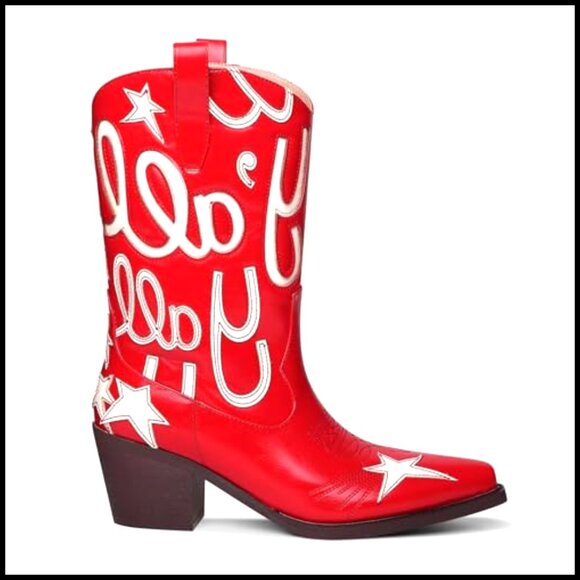 Women's Metallic Cowboy Boots Mid Calf Low Heel Pointed Toe Embroidery - Picture 4 of 7